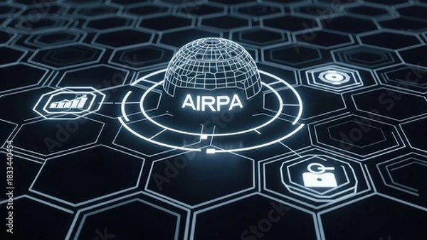 Obraz Cybernetic  AIRPA Model, Low Poly Design Intersecting the Futuristic Hexagonal Grid, Glowing White Icons Representing Optimized Task Execution
