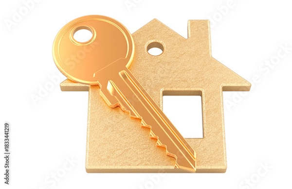 Fototapeta Golden house key and gold home shaped pendant. 3D rendering