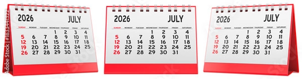 Fototapeta Desk calendars July 2026. Front and side views, 3D rendering