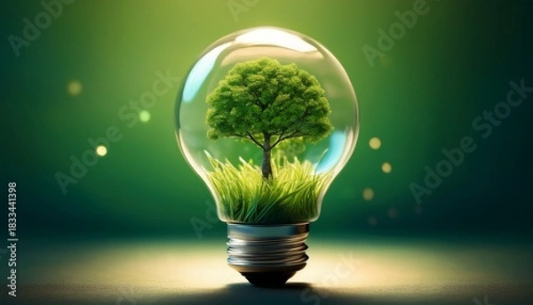 Fototapeta tree and green grass growing inside light bulb energy conservation ecology concept