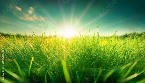 Fototapeta glorious rays of sunlight on green grass sunny day abstract