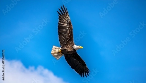 Fototapeta bald eagle soaring against a vibrant blue sky