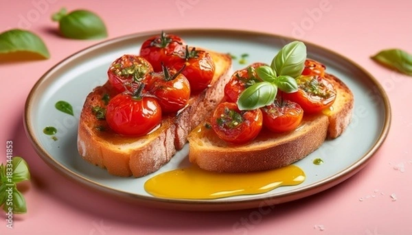 Fototapeta decadent toasted bread topped with luscious roasted tomatoes drizzled with golden honey and garnished with fresh basil leaves against a soft pink backdrop creating a tempting culinary masterpiece