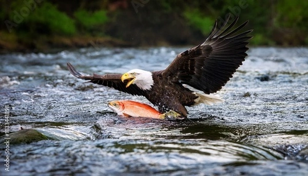 Fototapeta bald eagle with salmon in a river