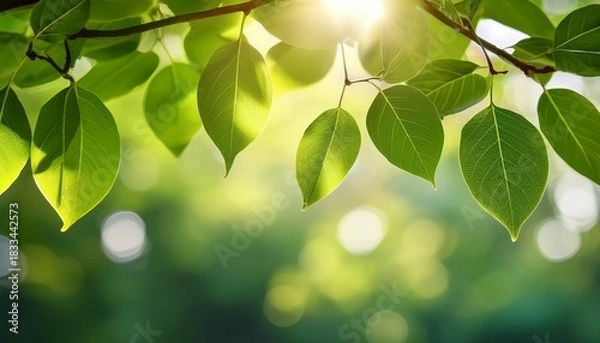 Fototapeta a close up view of green leaves hanging from a branch with sunlight streaming through in the background creating a refreshing atmosphere