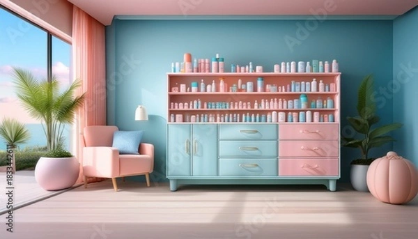 Fototapeta stylish medicine cabinet with assorted health products including bottles and pills in a pastel aesthetic visually representing organization and hygiene in domestic wellness