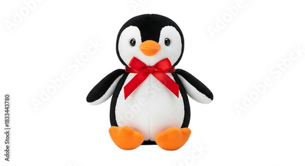 Fototapeta Cute plush penguin toy with red bow tie on black background