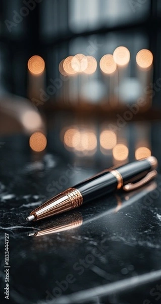 Obraz Pen on marble; blurred lights in background