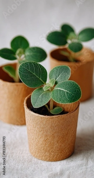 Obraz Seedlings in brown paper pots, simple and organic