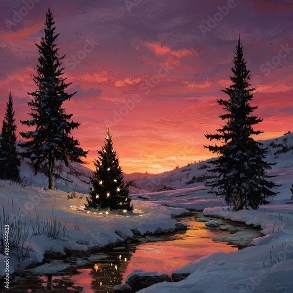 Obraz Winter scene lit tree by stream, fiery sunset sky