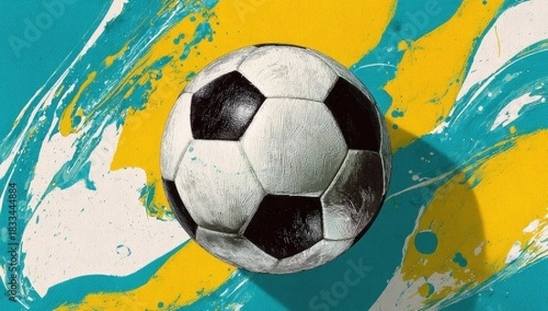 Obraz Soccer ball on painted teal and yellow background
