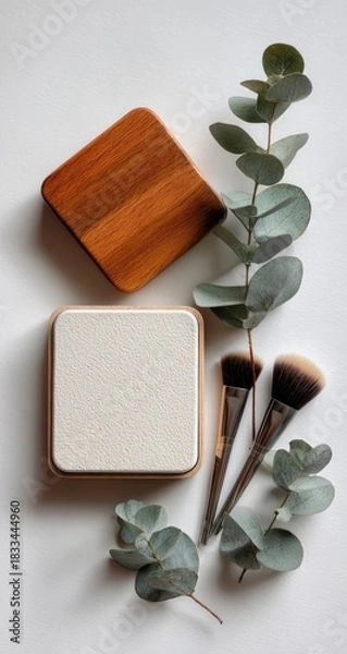 Obraz Flat lay makeup compacts, brushes, eucalyptus branches