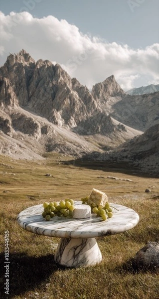 Obraz Cheese and grapes on marble table, mountainous backdrop