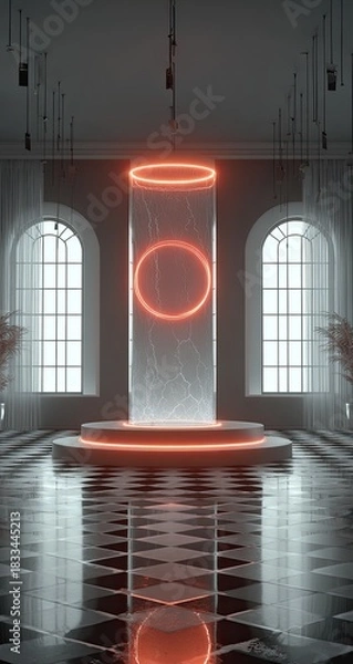 Obraz Lit display glass column, platform, neon rings, high ceiling