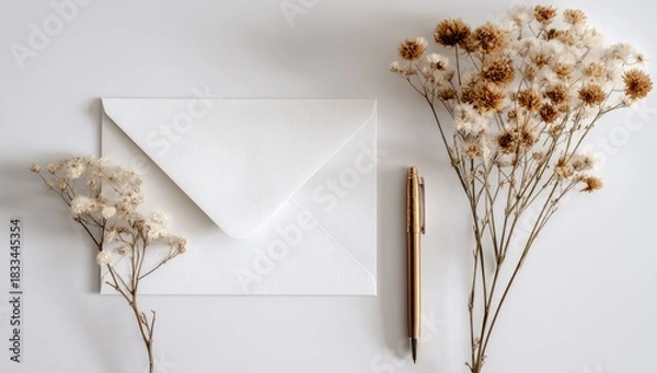 Obraz Envelope with flowers and pen, soft neutral background