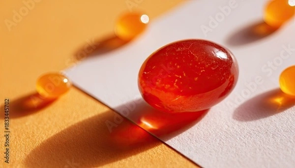 Obraz Shiny red beads on paper against orange