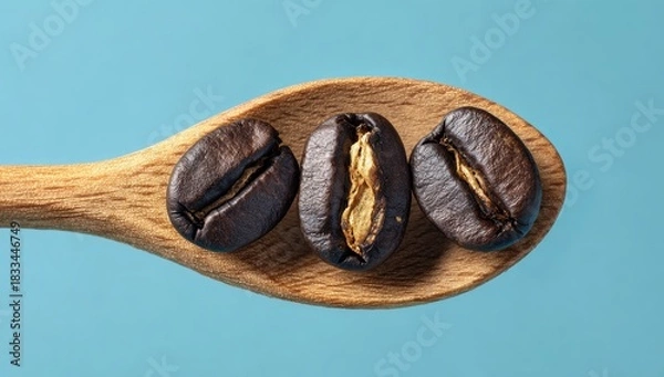 Obraz Roasted coffee beans on wooden spoon