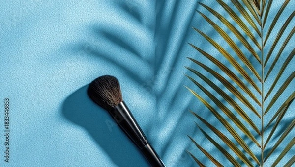 Obraz Makeup brush, palm shadow on light blue background