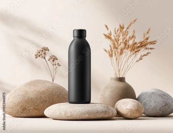 Obraz Black bottle on rocks with dried plants, neutral backdrop