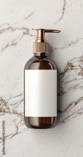 Obraz Brown bottle, gold pump, blank label on marble surface