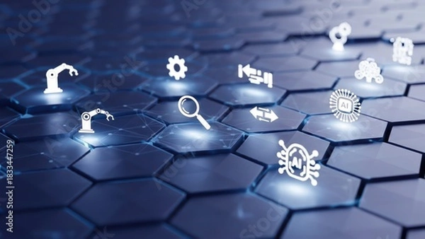 Obraz AI-RPA Concept Unveiled, Precision Automation Across a Low Poly Hexagonal Grid, Glowing White Icons Signifying Seamless Digital Transformation