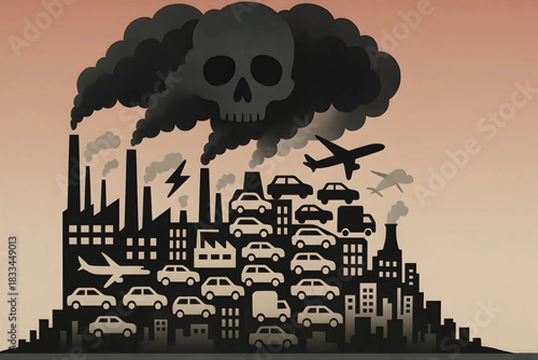 Obraz Air pollution concept illustration of crowded industrial city with factories, cars and airplanes emitting toxic smog forming skull shaped cloud over the skyline
