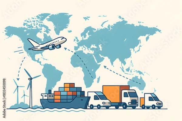 Obraz Global logistics illustration featuring worldwide shipping routes with airplanes, cargo trucks, container ships and renewable energy elements on a stylized world map background
