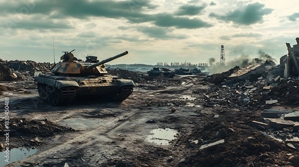 Obraz A war-torn battlefield with armored tanks