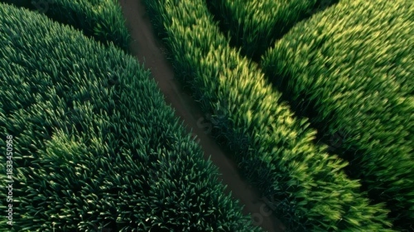 Fototapeta Close up of vibrant green wheat fields under drone surveillance in soft morning light