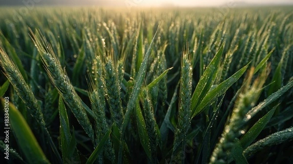 Fototapeta Close up of lush green wheat monitored by drone in soft morning light for precision agriculture