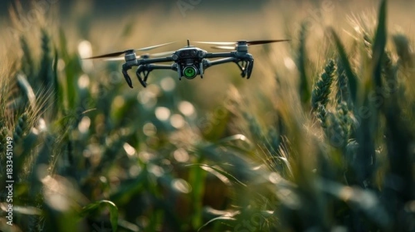 Fototapeta Close up of green wheat under drone surveillance in soft morning light for precision farming