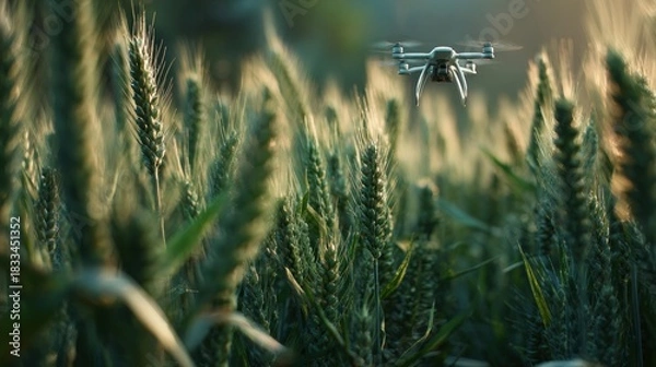 Fototapeta Drone monitoring of lush green wheat fields in soft morning light for precision agriculture