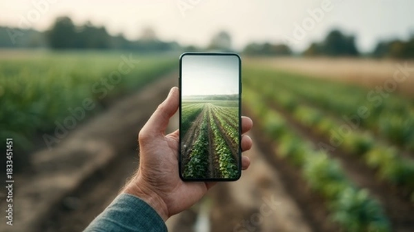 Fototapeta Person holding smartphone displaying crop data app amidst a blurred farm background scene