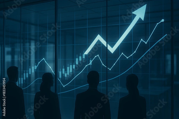 Obraz Business team silhouettes watching digital stock market chart with rising arrow showing company revenue growth and successful financial performance
