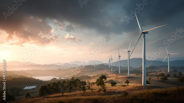 Fototapeta Rural landscape with wind turbines and greenhouses at sunrise showcasing smart agriculture concept