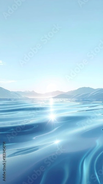 Fototapeta Vast Calm Ocean Reflecting Sunlight With Distant Mountains Under A Clear Sky And Rippling Water Surface