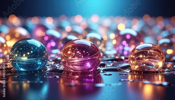 Fototapeta Abstract Futuristic Spheres Glowing with Vibrant Blue Pink and Orange Lights on a Dark Reflective Surface with Bokeh Background