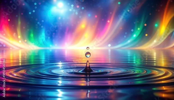 Fototapeta Vibrant Abstract Light Show Reflecting on Water Surface with Ripples and Falling Droplets Illuminated by Rainbow Hues