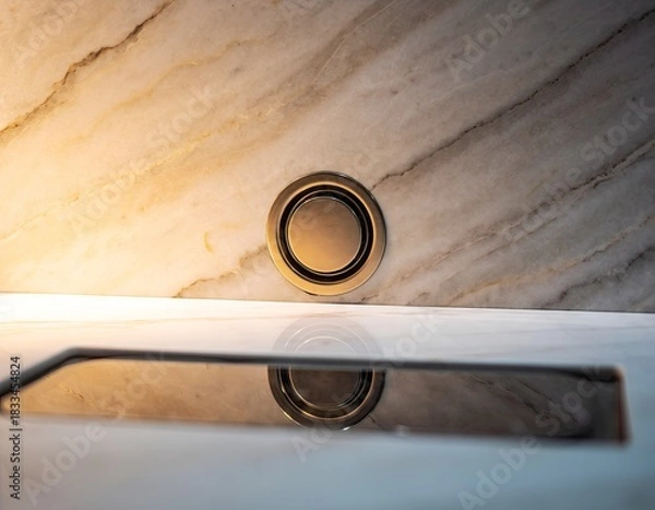 Fototapeta Close Up Of A Modern Circular Gold Drain In A Luxurious Marble Bathroom With Reflections On The Floor
