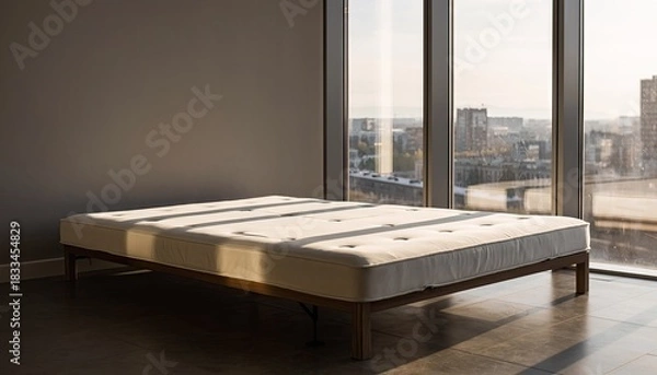 Fototapeta Unmade Mattress on Wooden Frame Near Large Window with Cityscape View at Sunset Warm Light