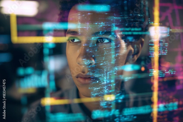 Obraz School student using virtual AI artificial intelligence technology & machine learning. Interactive technology in uni classroom. Innovation & smart tech. AI hologram in education & gaming. futuristic	