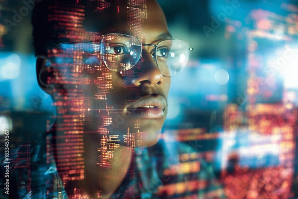 Obraz College student using virtual AI artificial intelligence technology & machine learning. Interactive technology in uni classroom. Innovation & smart tech. AI hologram in education & gaming. futuristic	