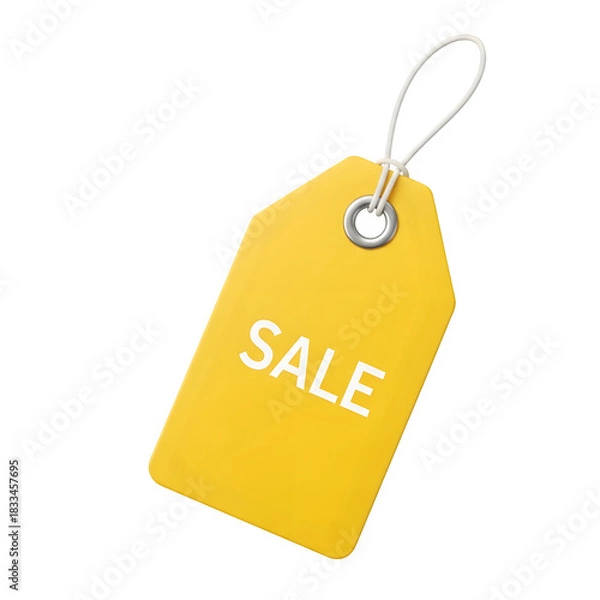 Obraz Bright yellow sale tag with white text and string isolated on transparent background