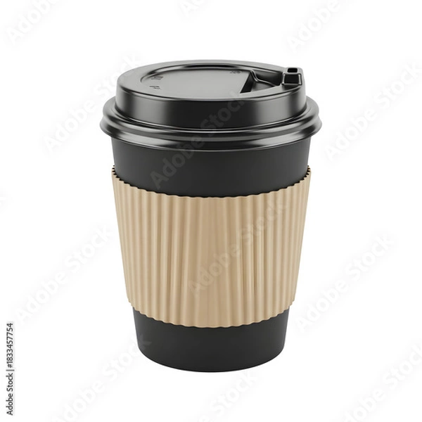 Obraz Black disposable coffee cup mockup with corrugated cardboard sleeve isolated on transparent background