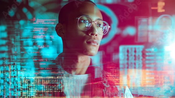 Obraz College student using virtual AI artificial intelligence technology & machine learning. Interactive technology in uni classroom. Innovation & smart tech. AI hologram in education & gaming. futuristic	