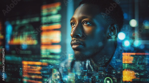 Obraz College student using virtual AI artificial intelligence technology & machine learning. Interactive technology in uni classroom. Innovation & smart tech. AI hologram in education & gaming. futuristic	