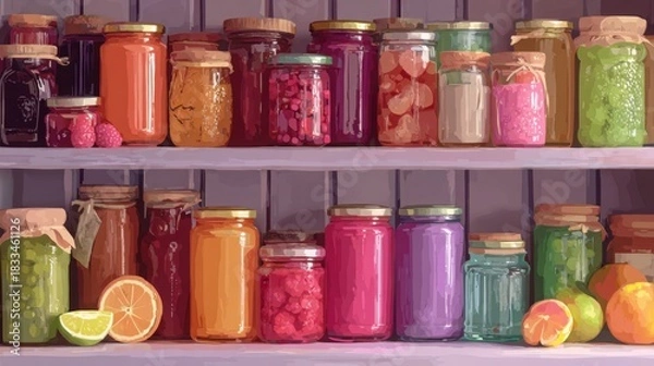 Obraz "Sweet Display: Colorful Jam Jars and Fresh Fruit Shelf"