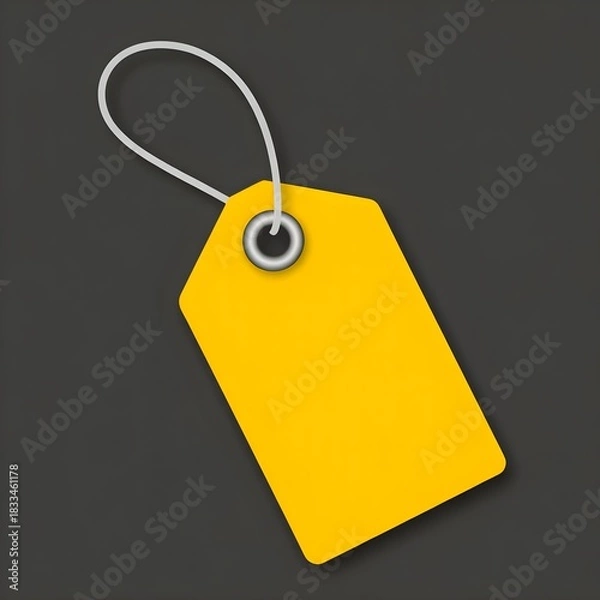 Obraz Bright yellow blank price tag with white string on black background