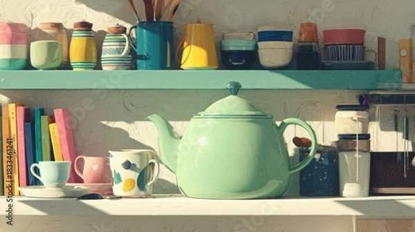 Obraz "Morning Glow: Pastel Green Teapot in a Bright Kitchen"