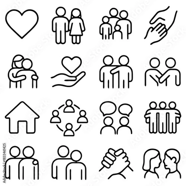 Fototapeta Iconic Social Harmony: A visual tapestry of communal bonds, depicting family, friendship, empathy, and support through simple yet powerful icon illustrations. 